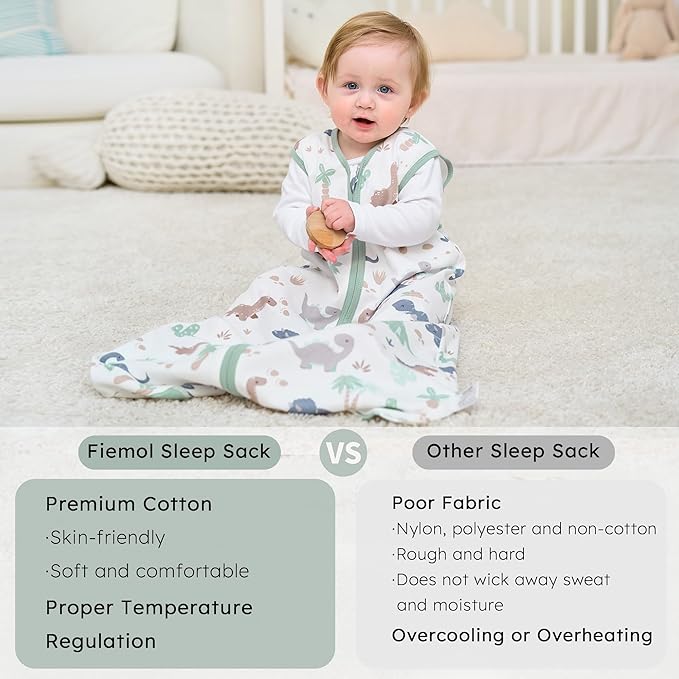 FIEMOL Baby Sleep Sack 6-12 months, 100% Cotton Sleep Sack for Newborn, Wearable Blanket Baby, 0.5 Tog Lightweight Double Zipper Sleeping Bag Dinosaur 1 Pack