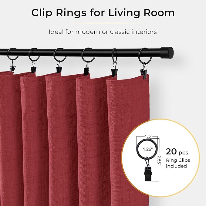 INOVADAY 100% Blackout Curtains for Bedroom, Black Out Curtains 102 Inch Long, Clip Rings Linen Blackout Drapes, Thermal Insulated Room Darkening for Living Room, 2 Panels - Ruby Red,W50xL102