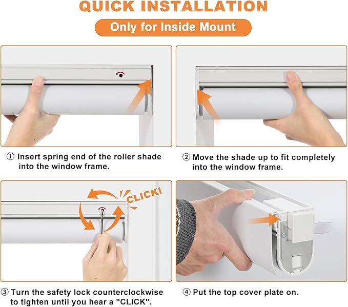 Persilux No Drill No Tools Blackout Roller Shades for Indoor Window Shades Cordless Roller Blinds, UV Protection Thermal Insulated Roller Window Shades for Home Bedroom Office (White, 29" W x 72" H)