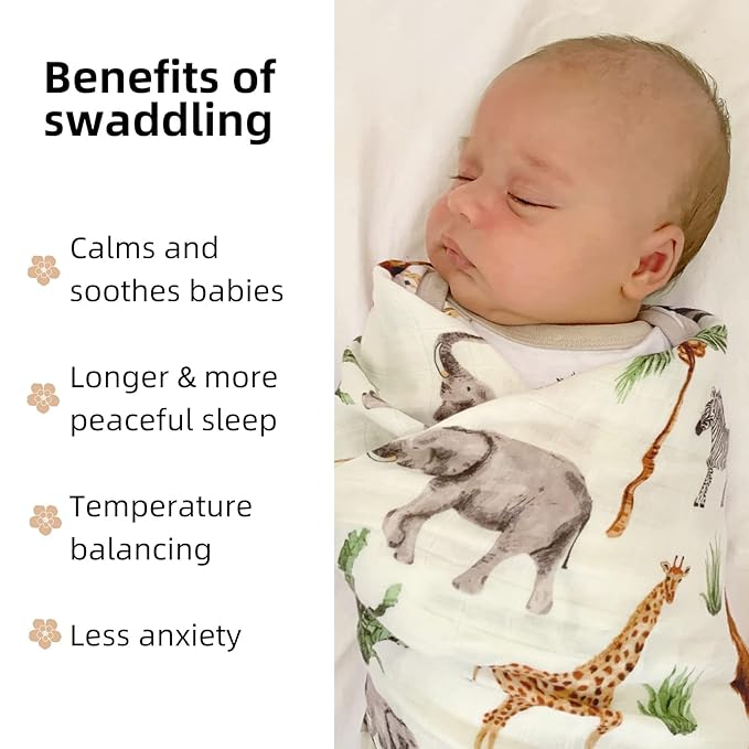 LifeTree Muslin Swaddle Blankets, Woodland Baby Swaddling Receiving Blanket for Boys & Girls, 70% Viscose from Bamboo and 30% Cotton, Large 47 x 47 inches Safari Jungle/Olive Green