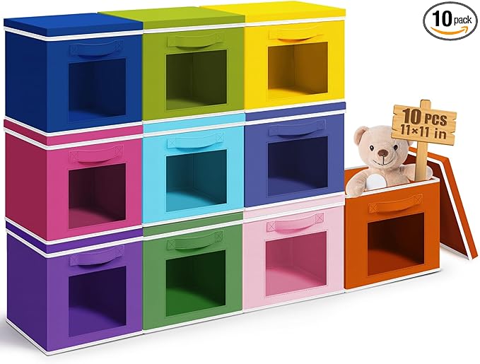 10 Pcs Fabric Storage Cube with Lid 11x11 Inch Fabric Storage Bins with Window Handle Collapsible Cube Organizer Basket for Shelves Closet Bedroom Office Clothes Book Stuffs (Rainbow)