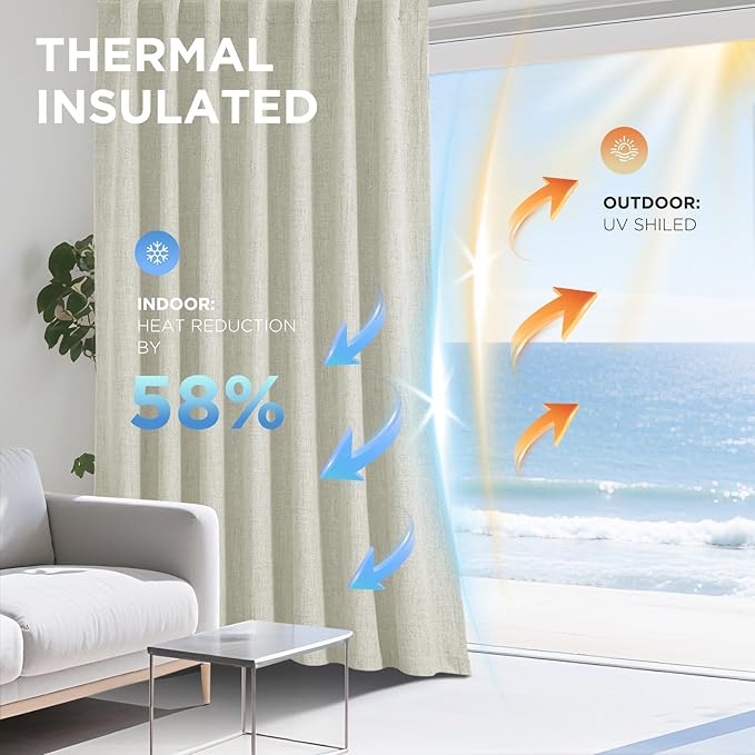 Joydeco Linen Blackout Curtains for Bedroom - 100% Light Blocking 1 Panels, Light Beige Drapes 100" W x 90" L, Thermal Insulated Room Darkening Curtains for Living Room, Rod Pocket & Back Tabs