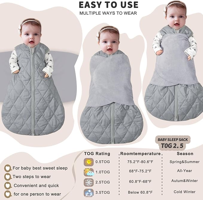 BSTOPPT Newborn Sleep Sack Baby Swaddle,3-Way Adjustable Wearable Blanket,Swaddling Sleeping Bag,TOG 2.5 (Gray, 6-12 Months)