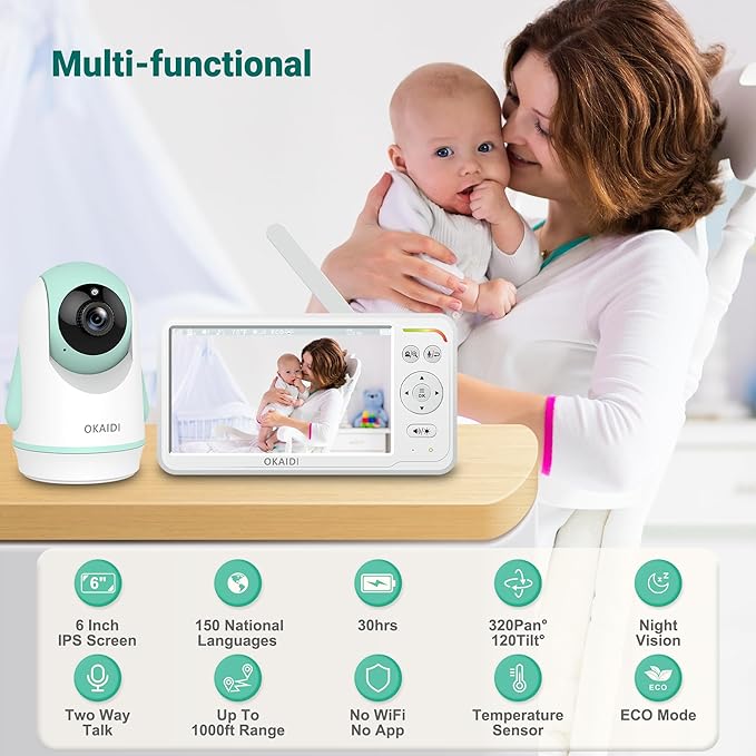 OKAIDI Baby Monitor with 2 Cameras and Audio, Video Baby Monitor with 6'' IPS Split-Screen, 1000ft Baby Camera Monitor with 30-Hour Battery, 150 Languages, ECO Mode, 2-Way Talk, No WiFi