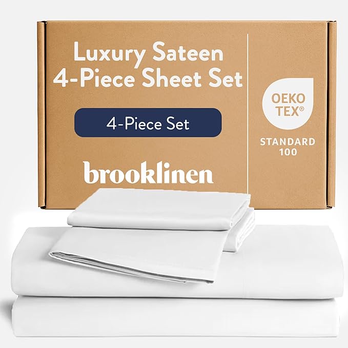 Brooklinen Luxury Sateen 4 Piece Sheet Set - 100% Cotton Bed Sheets, Soft & Durable Twin XL Sheets Set in White, Oeko-TEX Certified Bedding Set, 1 Fitted Sheet, 1 Flat Sheet, 2 Pillowcases