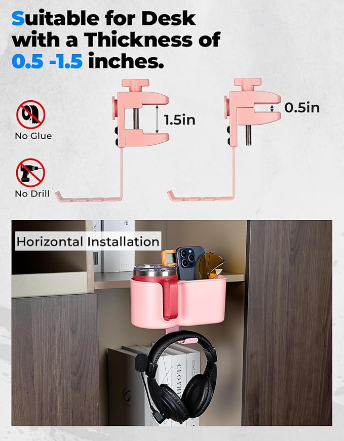 KEMIMOTO Desk Cup Holder with Headphone Hanger, 2 in 1 Caddy Organizer for Office Table, Lawn Chair, Golf Cart, Pontoon Boat, Fit for Most 18-32 oz Bottles
