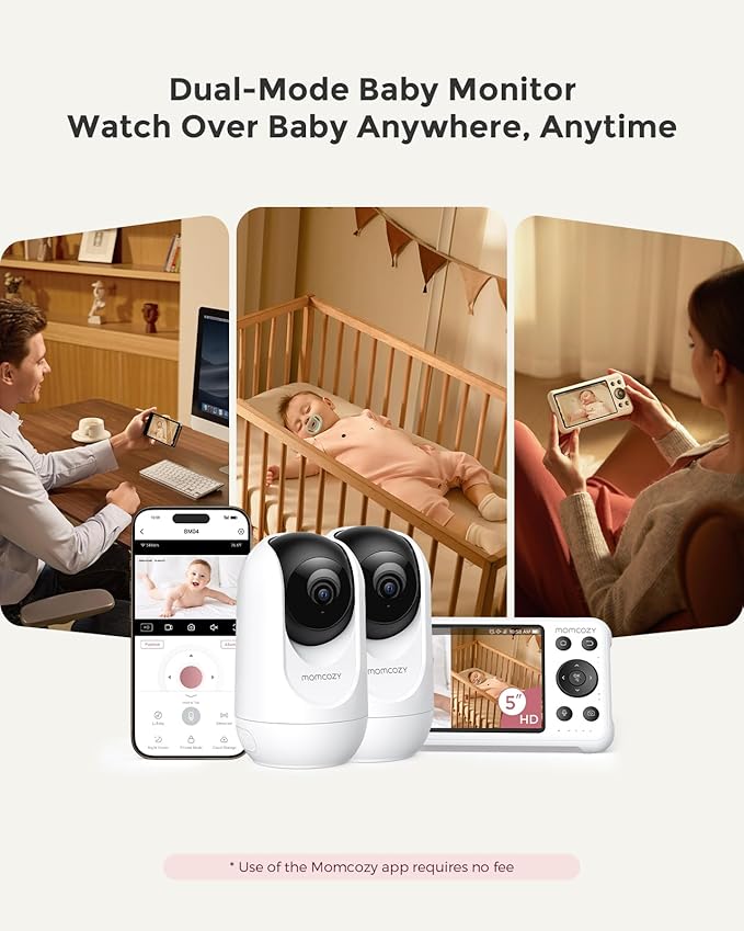 Momcozy BM04 Smart WiFi Baby Monitor with 2 Cameras, 5" 1080P Split Screen Video Baby Monitor with Camera and Audio, Motion Detection, Electric Fence, Clear Night Vision, 2-Way Audio, 5000mAh Battery