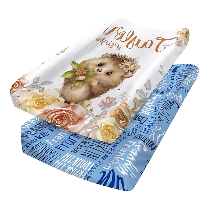 Custom Changing Pad Cover Set - Jersey Knit Ultra Soft Unisex Waterproof Diaper Changing Table Covers with Personalized Name for Baby Boys Girls - Comfy Cozy 2 Pcs Set Style06