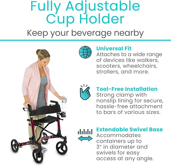 Vive Cup Holder for Walker, Wheelchair, Accessories, Stroller, Adults, Bike, Boat, Desk, Mobility Scooter, Rollator, Electric Wheel Chair - Portable Adjustable Cupholder Attachment, Near Universal Fit