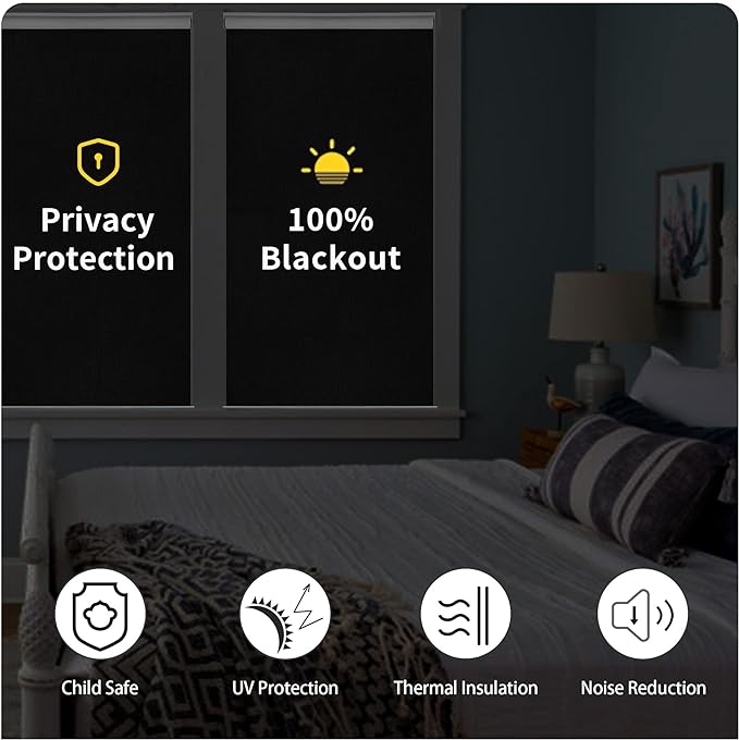 GENIMO 100% Blackout Roller Window Shades, Window Blinds Cordless with Thermal Insulated, UV Protection Fabric, Mini French Door Blinds for Home, Office, Bedroom, Easy to Install, Black, 33" W X 72" H