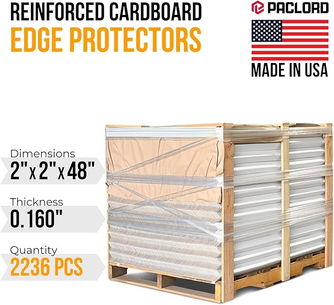 48" x 2" x 2" Reinforced Cardboard Edge Protectors, White (Pallet of 2236) – 0.16" Thick Heavy-Duty Cardboard Corner Protectors for Shipping – American Quality V-Board Pallet Edge Guard