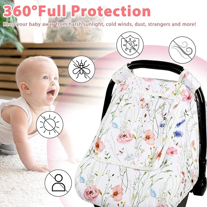 Car Seat Cover Baby, Anti-Kick Carseat Covers Baby Girl, Warm Minky Infant Car Seat Canopy with Mesh Window, Multi-Use Cover Protecting Baby from Wind, Sun, Strangers, White Flowers