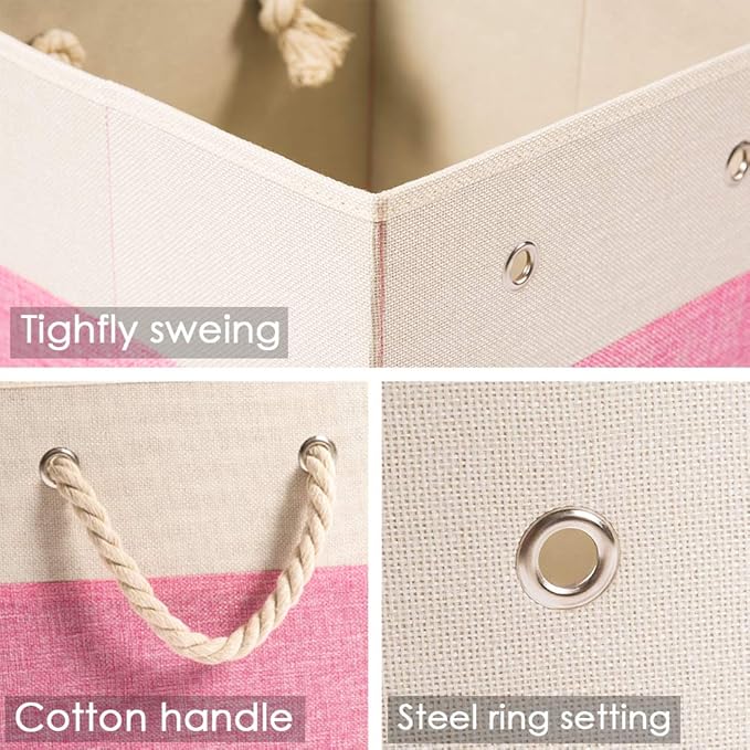 PRANDOM Large Foldable Cube Storage Bins 11x11 inch [2-Pack] Fabric Linen Storage Baskets Cubes Drawer with Cotton Handles Organizer for Shelves Nursery Closet Bedroom Pink