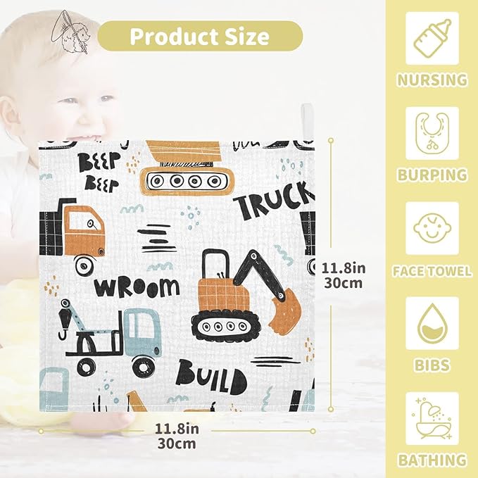 vvfelixl Baby Muslin Washcloths, Building Equipment Construction Transpor Baby Burp Cloths, Cotton Baby Face Towel for Newborn Infants Boys Girls Soft and Absorbent 11.8 X 11.8 in, 3 Pack