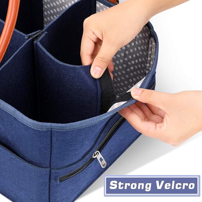 Marhynchus Large Portable Nappy Storage Basket with Detachable Divider, Felt Fabric Baby Diaper Caddy, Navy, for Nursery and Travel