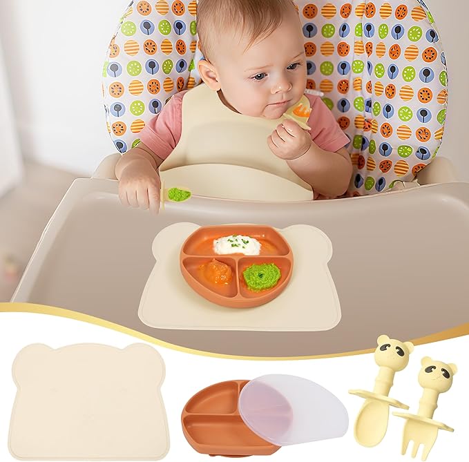 Baby Utensils Set–Infant Feeding Essentials&Baby Plate Set–Deluxe Silicone Feeding Mat,Long Sleeve Bibs,Training Cup,Spoon&Fork,Stainless Steel Set,Teethers,Toothbrush Kit – in Gift Box for Newborns