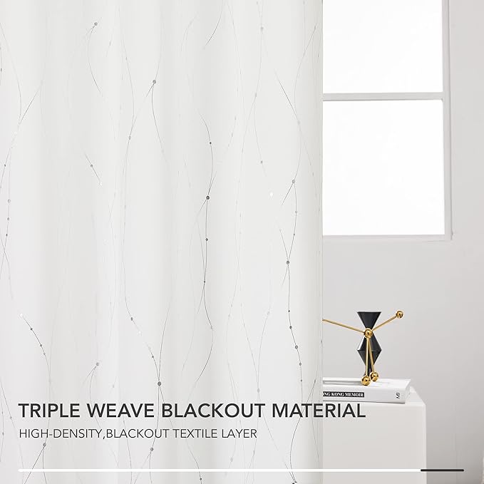 Deconovo White Short Curtains, Room Darkening Curtain, Thermal Insulated Soundproof Drapes, Wave Dots Silver Print, 42 x 54 Inch, Grommet Top, Window Panels for Living Room Bedroom Kitchen, Set of 2