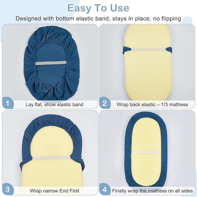 Basumee Muslin Bassinet Sheets for Baby Girl Boy 2 Pack Soft Breathable Baby Bedside Bassinet Fitted Sheets with Bottom Elastic Band 33''x17''x4'' Mattress Cover for Rectangle Oval Hourglass Bassinets