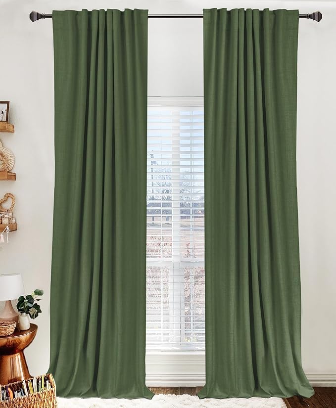 100% Blackout Shield Linen Blackout Curtains for Bedroom 63 Inches Long, Back Tab/Rod Pocket Living Room Drapes, Thermal Insulated Blackout Curtains 2 Panels Set, 50" W x 63" L, Moss Green