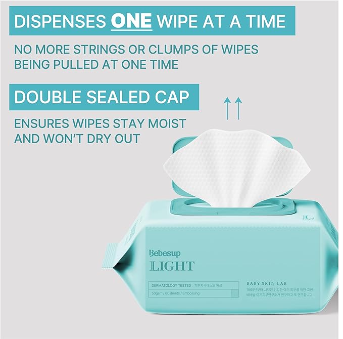 BEBESUP- Korea's #1 Light Baby Wipes, Safe even for Atopic Skin Hypoallergenic Water-Based Unscented Alcohol & Paraben-Free Organic Flip-Top Plant Based Organic Baby Wipes (640 Count 8 Packs)
