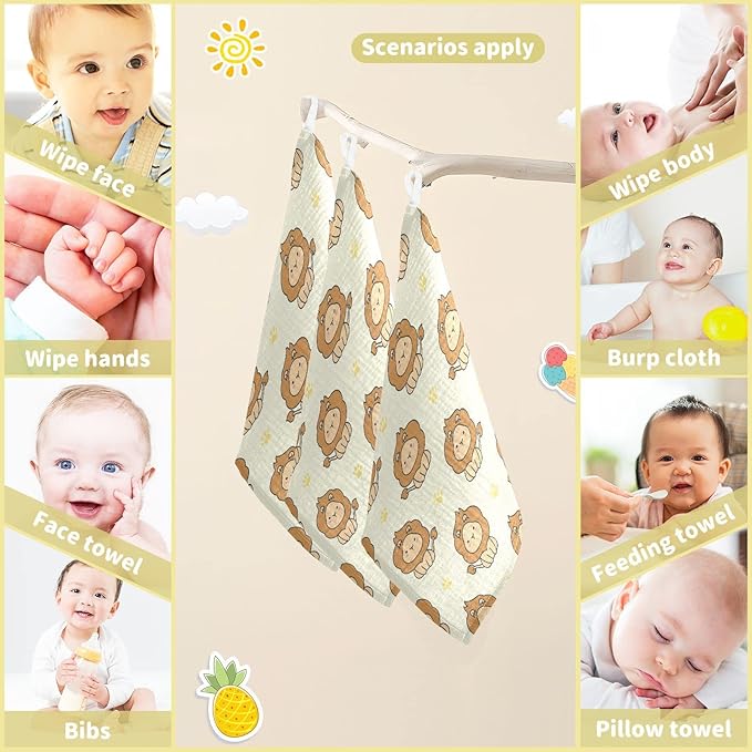 vvfelixl Baby Washcloths Cotton Cute Lion Baby Muslin Washcloths Soft Baby Face Towel for Newborn Infants Baby Wipes, 11.8 X 11.8 Inch, 5 Pack Yellow