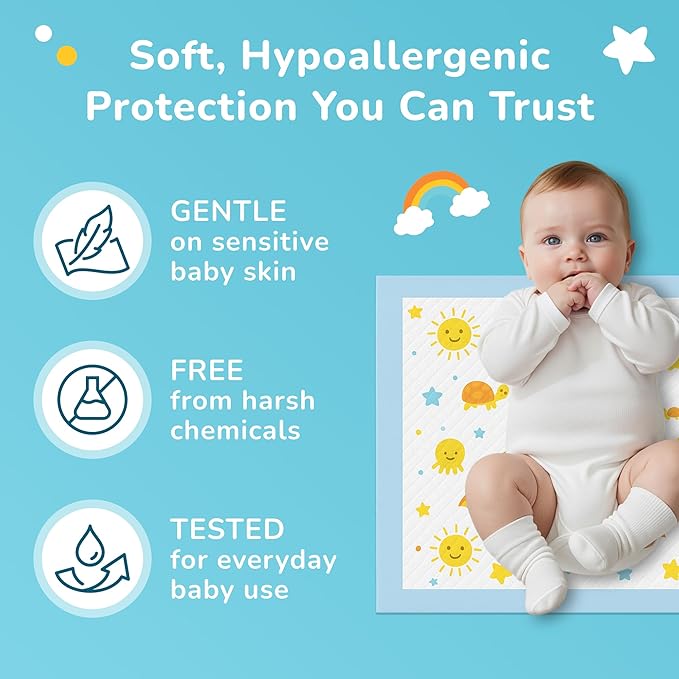 SunnyGuard Disposable Changing Pads for Baby 13 x 18 Inches, 50 Diaper Changing Pad with Unique Design & 6 Layers of Protection for Nursery Use, Travel Changes & Pee Pad Protection, 33 x 46 CM