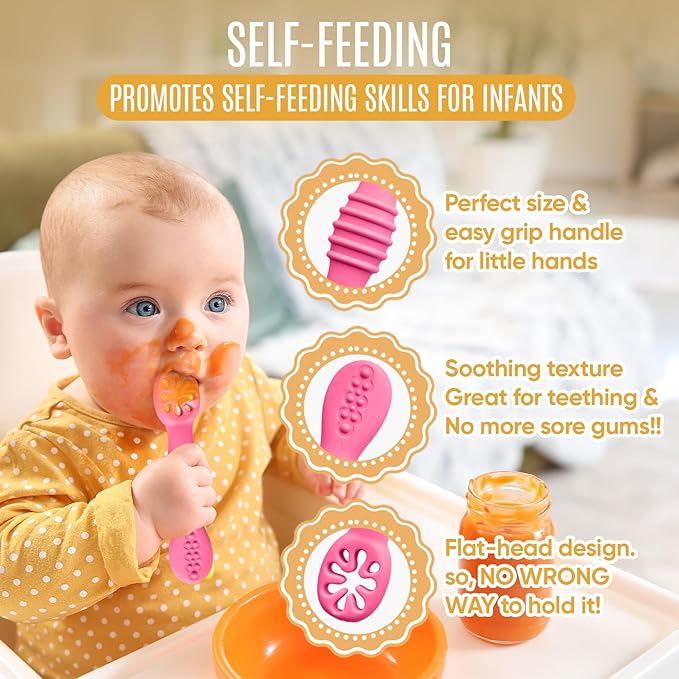 HippoBaby 4pc Silicone Baby Spoons Self Feeding Baby Utensils 6-12 Months - 3 Baby Spoon - 1 Baby Fork - Toddler Cutlery Set - BPA Free, Dishwasher Safe - Baby Eating Essentials (Pink/Blue)