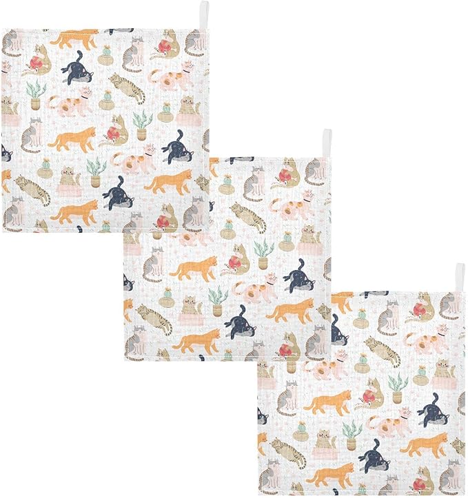 vvfelixl Baby Washcloths Cotton Funny Cats Cactus Baby Muslin Washcloths Soft Baby Face Towel for Newborn Infants Baby Wipes, 11.8 X 11.8 Inch, 5 Pack
