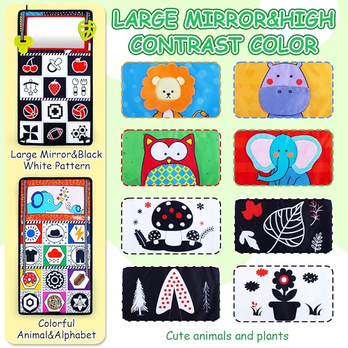 High Contrast Tummy Time Mirror Toy for Babies – Sensory Infant Development Toy with Crinkle Cloth Book & Teethers | Strengthens Neck & Core, Montessori Crawling & Visual Stimulation Toys