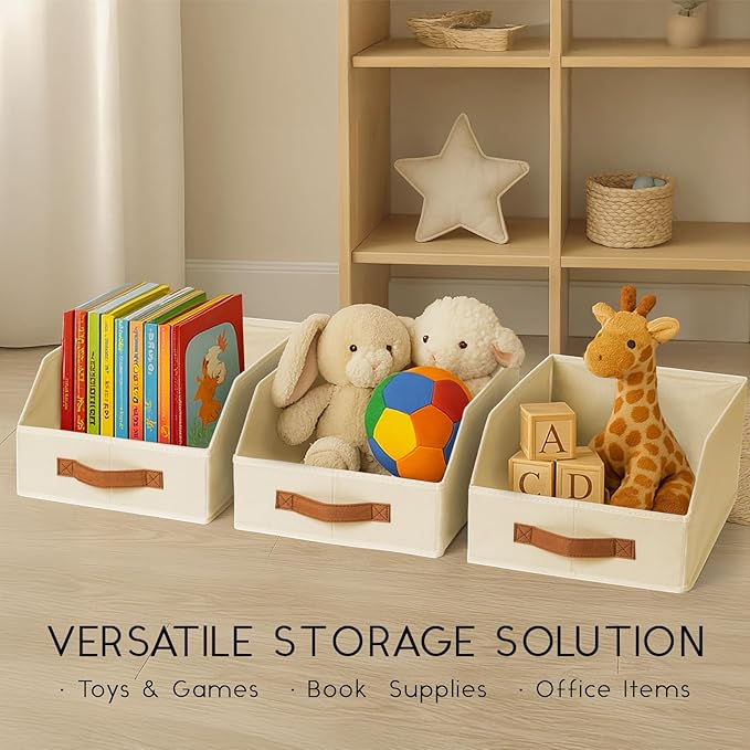 Fabric Storage Bins for Organizing - 6 Pack Large Trapezoid Collapsible Storage Bins with Front Handle, Closet Organizers and Storage for Bedroom, Home Shelves, Small Spaces, Beige