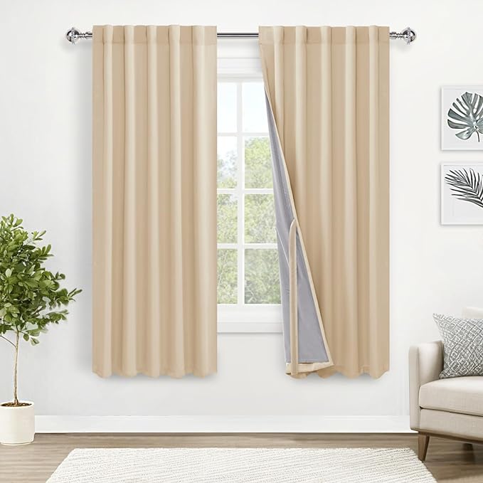 XWZO 100% Blackout Curtains 63 Inches Long - Rod Pocket & Back Tab Thermal Insulated Complete Room Darkening Window Panels with Tiebacks for Bedroom/Living Room, Biscotti Beige, W42 x L63, Set of 2