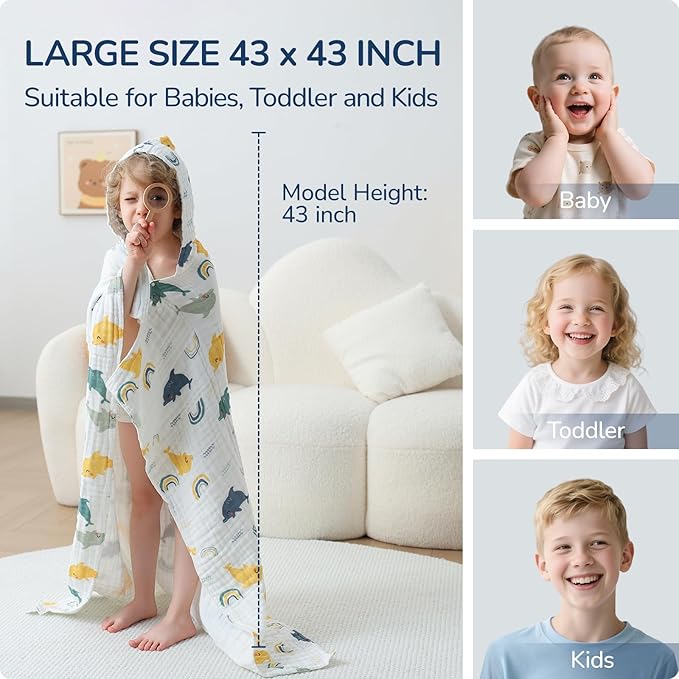 Toddler Hooded Bath Towels,100% Cotton Muslin Baby Towels for Boys Girls,Ultra Soft & Absorbent Quick Dry Kids Towel for Beach,Pool,Bathroom,Large 43x43 Inch