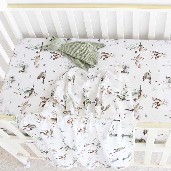 LifeTree Crib Sheets for Baby Unisex - Muslin Fitted Crib Sheets Toddler Bed Sheet, 70% Viscose from Bamboo and 30% Cotton, Fits Standard Crib, Mallard Duck, 28in x 52in