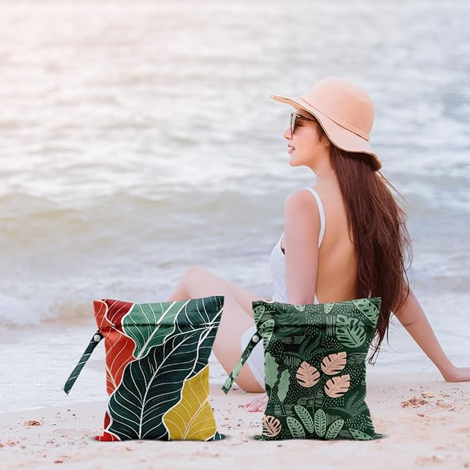 2Pcs Palm Leaves Wet Bags 12x10 Inch, Summer Plant Waterproof Wet Dry Bags, Washable Travel Laundry Bag for Swimsuit Beach Diapers Dirty Yoga Gym Clothes, Plant Gifts for Women Friend Travelers