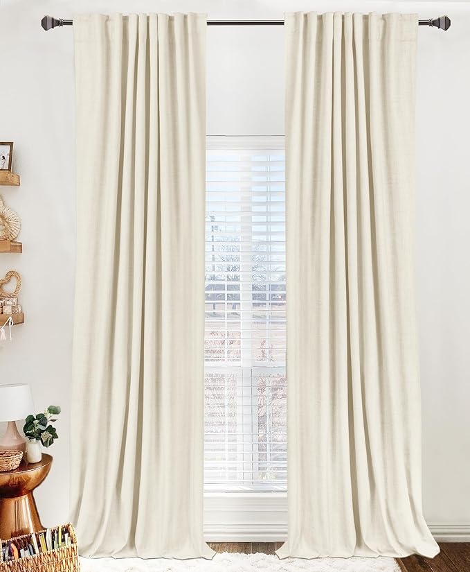 100% Blackout Shield Linen Blackout Curtains for Bedroom 96 Inches Long, Back Tab/Rod Pocket Living Room Drapes, Thermal Insulated Blackout Curtains 2 Panels Set, 50" W x 96" L, Light Cream