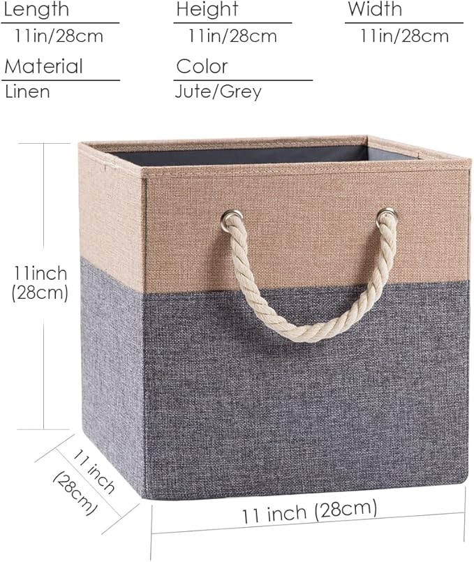 PRANDOM Large Foldable Cube Storage Bins 11x11 inch [2-Pack] Fabric Linen Storage Baskets Cubes Drawer with Cotton Handles Organizer for Shelves Nursery Closet Bedroom Khaki