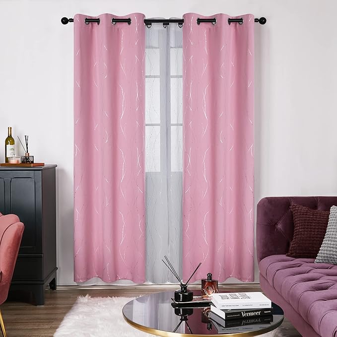 Deconovo Pink Blackout Curtains for Bedroom, Thermal Insulated Soundproof Pravicy Curtain, Silver Wave Dots Print, 42 x 95 Inch Long, Machine Washable Window Panels for Kids Room Nursery, Set of 2