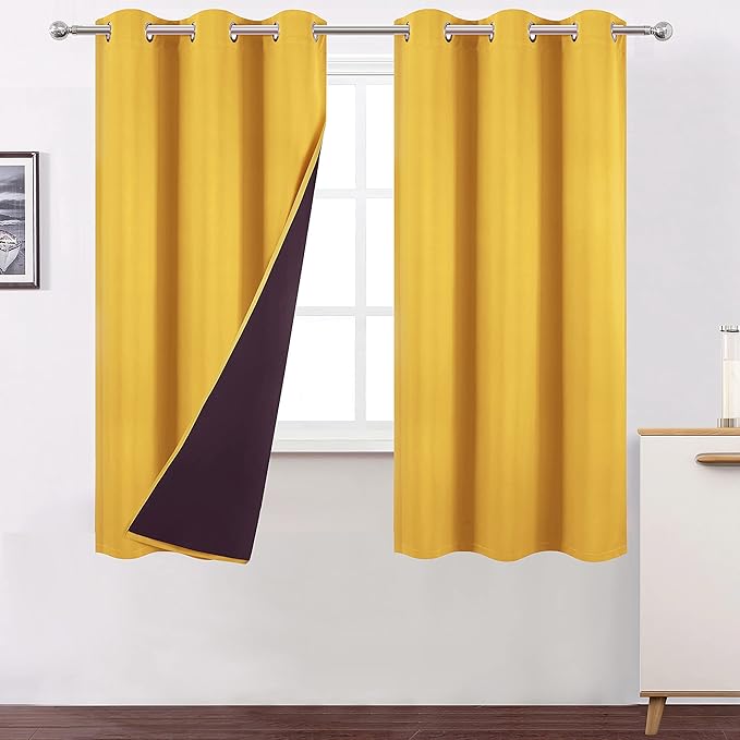 LEMOMO 100% Blackout Curtains 40 x 63 Inch/Yellow Curtains 2 Panels with Black Liner/Double Layer Full Room Darkening Curtains for Living Room