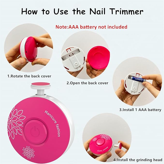 Baby Nail Trimmer Electric, Safe + Easy Baby Nail File, Baby Nail Clippers Nail Trimmer Kit for Newborn Infant Toddler, 6 Grinding Heads, Battery Operated (Battery Not Included)