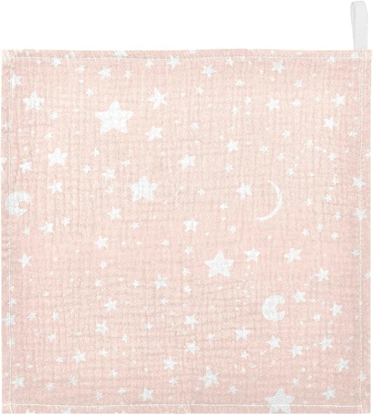 vvfelixl Baby Muslin Washcloths, Moon Star Baby Burp Cloths, Cotton Baby Face Towel for Newborn Infants Boys Girls Soft and Absorbent 11.8 X 11.8 in, 3 Pack Pink