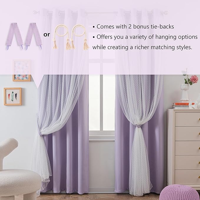 MYSKY HOME Cute Lilac Curtains for Girls Bedroom & Nursery Kids Purple Lavender Blackout Curtains 63 inch Long Double Layer with Polka Dots Sheer, Grommet Tops, 52" Wide, 2 Panels