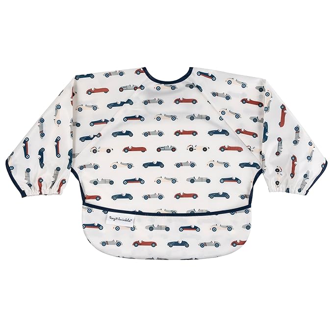 Tiny Twinkle Long Sleeve Bib for Babies & Toddlers | Waterproof Smock Bib for Eating | Machine Washable & Mess-Proof Feeding Essentials | Newborn Shower Gift (Vintage Cars, Small 6-24 Months)