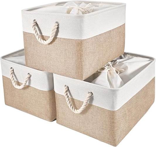 HOdo Home 15.8×11.8×9.5 In/3PCS Fabric Storage Bins with Drawstring Closure and 2 Bold Handles, Collapsible Large Cubes Canvas Baskets for Organizing Shelf Nursery Home Closet (White and Yellow)