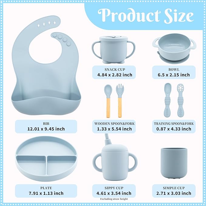 CHCC Silicone Baby Feeding Set 10 Pcs, Baby Led Weaning Supplies, Baby Feeding Supplies Set BPA Free, Baby Essentials for Newborn Gift Blue
