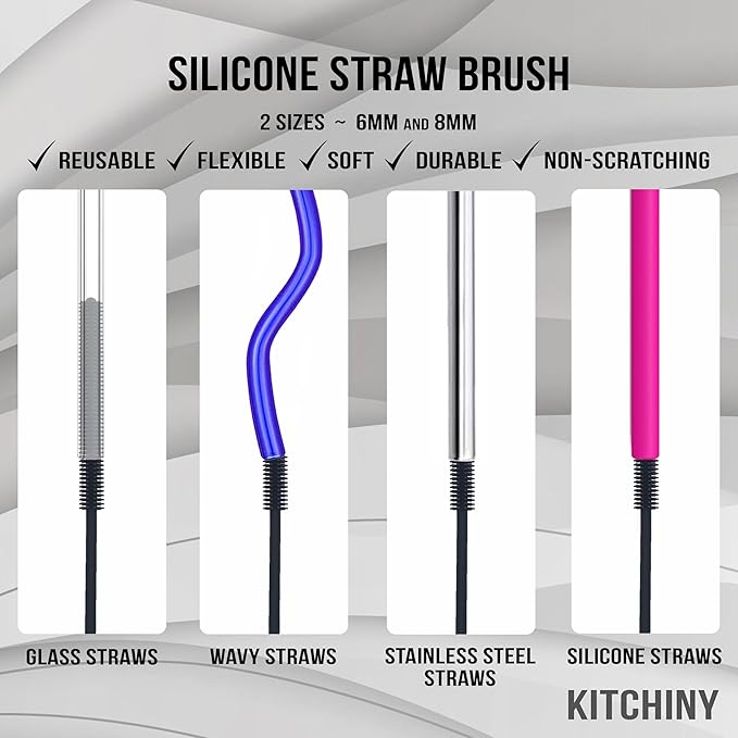 Kitchiny 12.5" Silicone Bottle Brush & Straw Cleaner Brush Set | Water Bottle Cleaner for Hydro Flasks, Tumblers, Glassware, Vases and Narrow Neck Containers