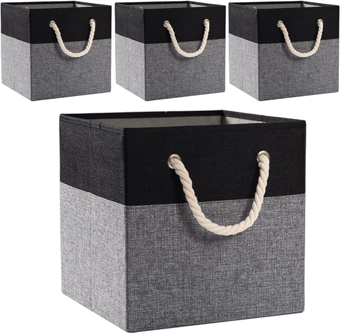 PRANDOM Large Foldable Cube Storage Bins 13x13 inch [4-Pack] Fabric Linen Storage Baskets Cubes Drawer with Cotton Handles Organizer for Shelves Nursery Closet Bedroom Black