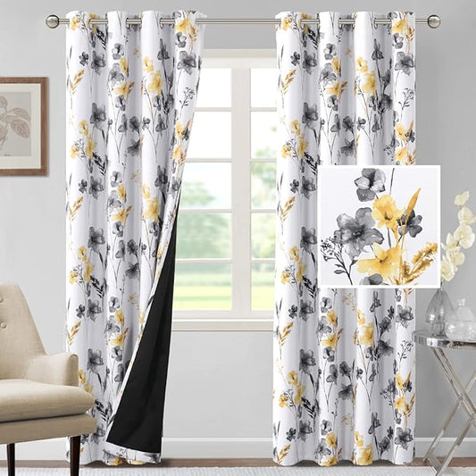H.VERSAILTEX 100% Blackout Curtains 96 inch Length 2 Panels Set Cattleya Floral Printed Drapes Leah Floral Thermal Curtains for Bedroom with Black Liner Sound Proof Curtains, Grey and Yellow