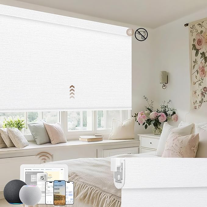 Kincmo No Drill Motorized Blinds with Remote, 100% Blackout Roller Shades for Windows, Custom Electric Blinds Compatible with Alexa, Apple Homekit, Google Home (100% Blackout Elegant White)