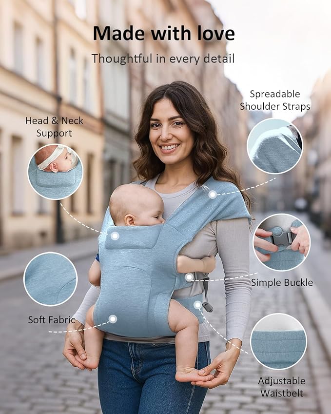 HEYVALUE Baby Carrier Newborn to Toddler(7-35lbs), Ergonomic Cross-Back Wraps with Adjustable Straps, Newborn Carrier with Effortless Put-On, Head Support for Hands-Free Comfort, Blue