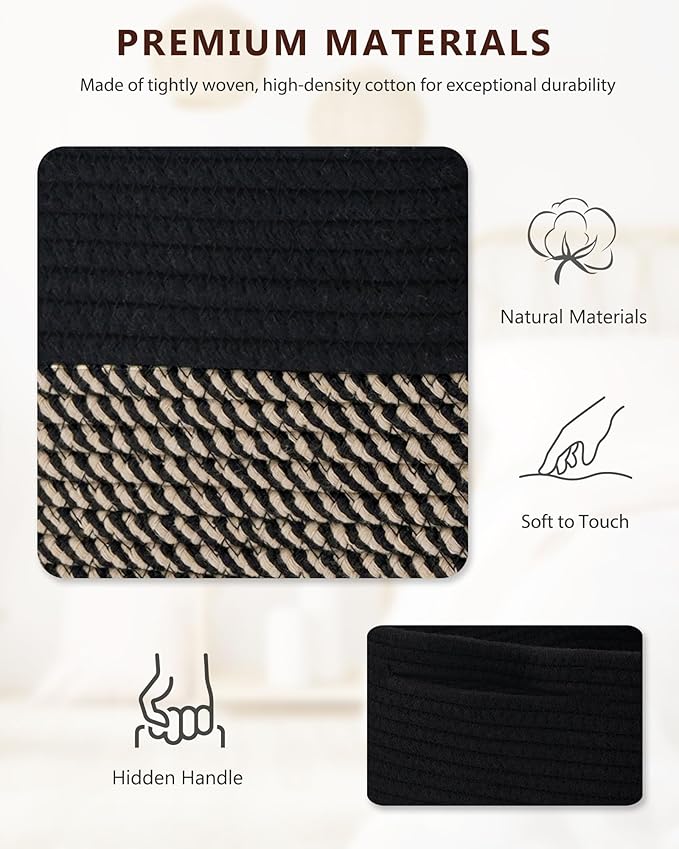 Cube Storage Bin 11" x 10.5" x 10.5" Cotton Rope Basket Square Woven Storage Basket for Shelves, Closet Organizer, Soft Towel Sock Basket, Black/Brown, 1 Pack
